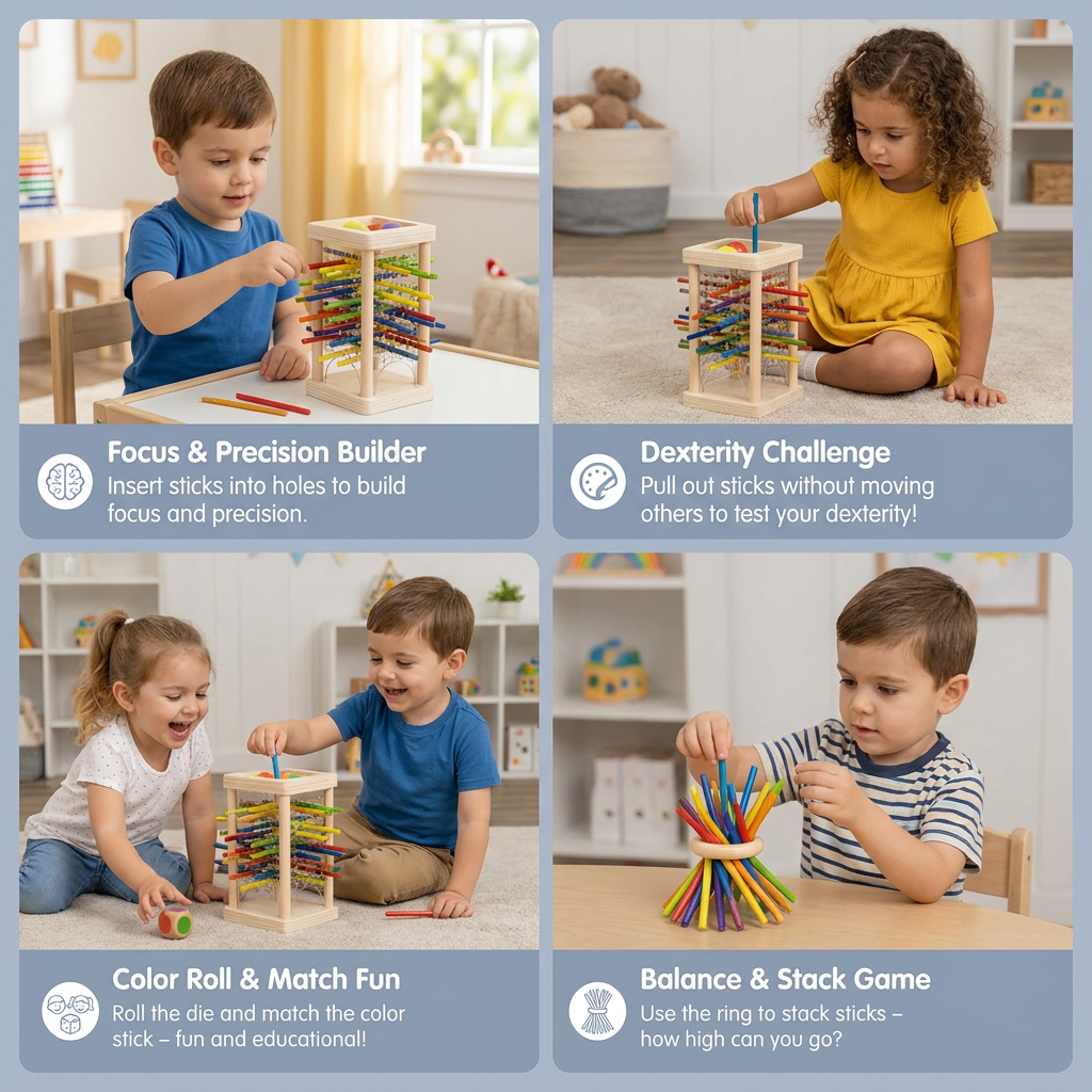 Educational 3-in-1 Wooden Ball and Stick Dexterity Game