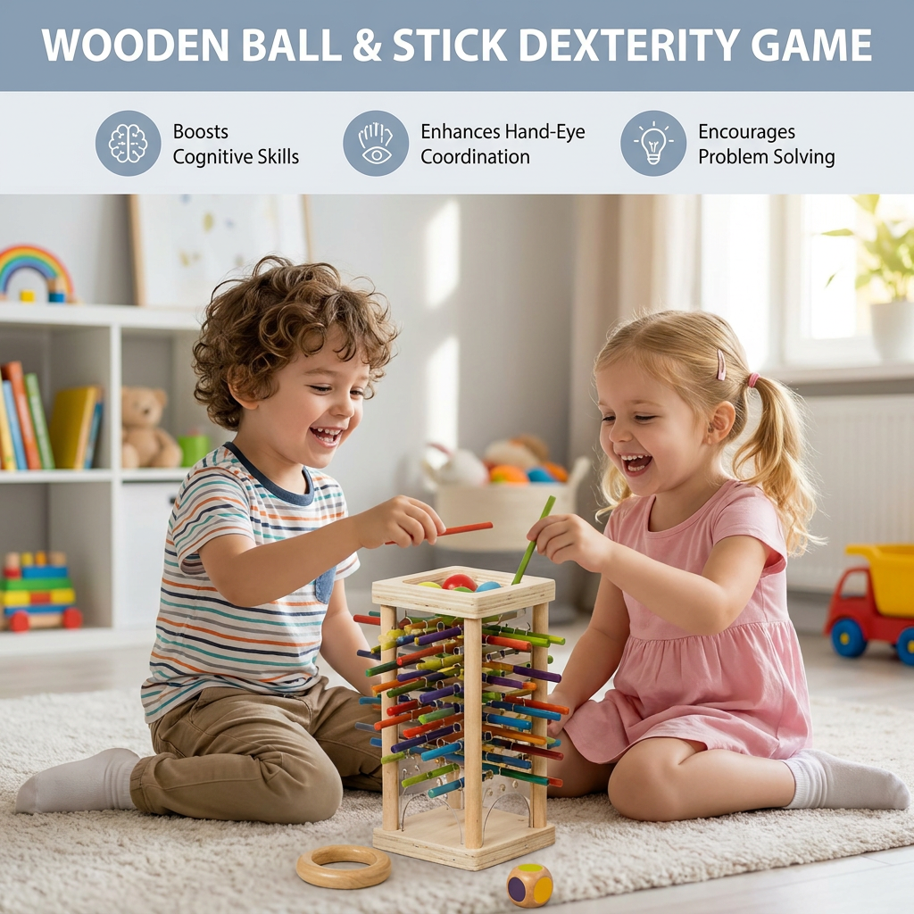 Educational 3-in-1 Wooden Ball and Stick Dexterity Game