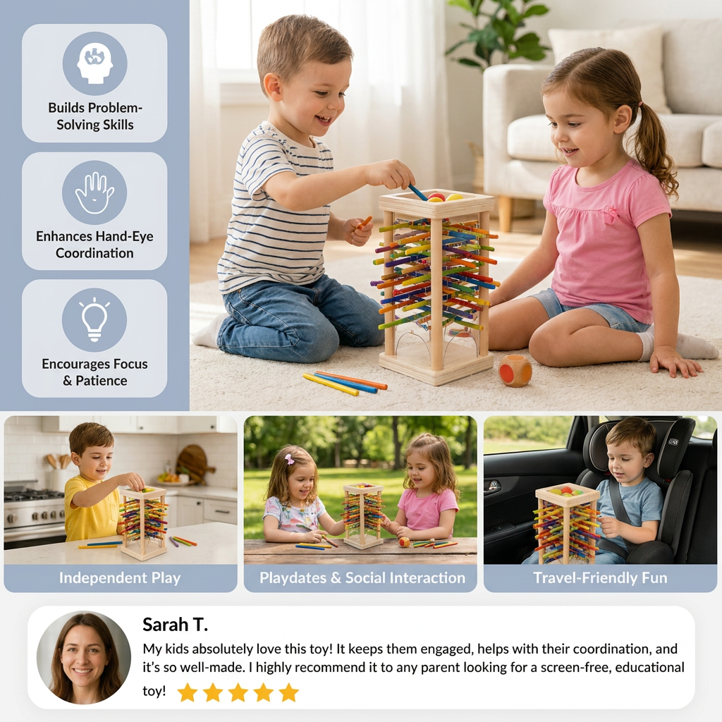 Educational 3-in-1 Wooden Ball and Stick Dexterity Game