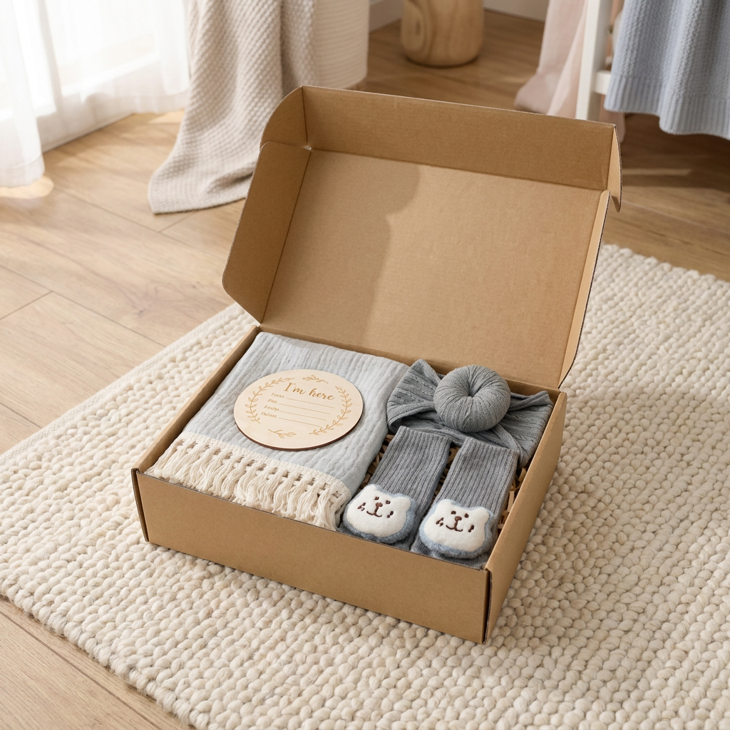 Baby Care Gift Box – Towel, Socks or Headband & Bath Brush for Newborns