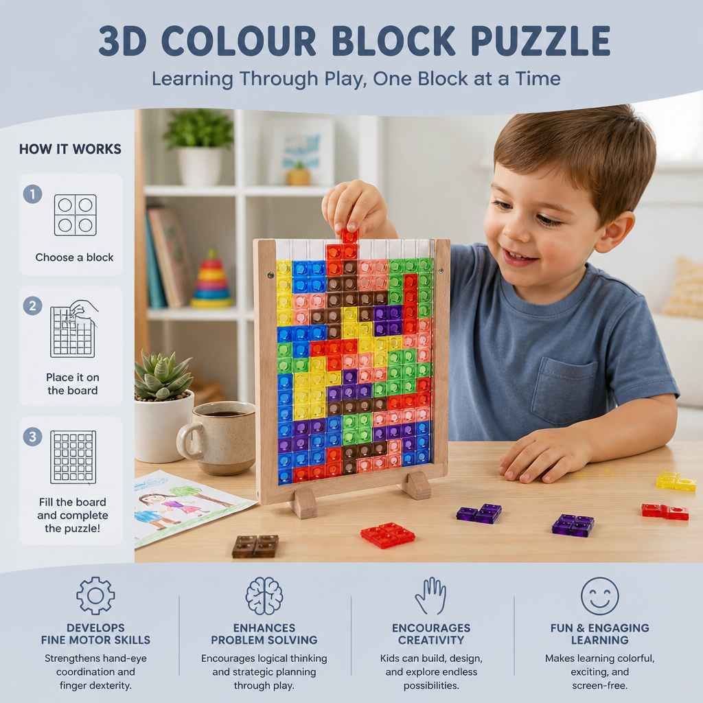 3D Colour Block Puzzle with Wooden Frame – Montessori Learning Toy