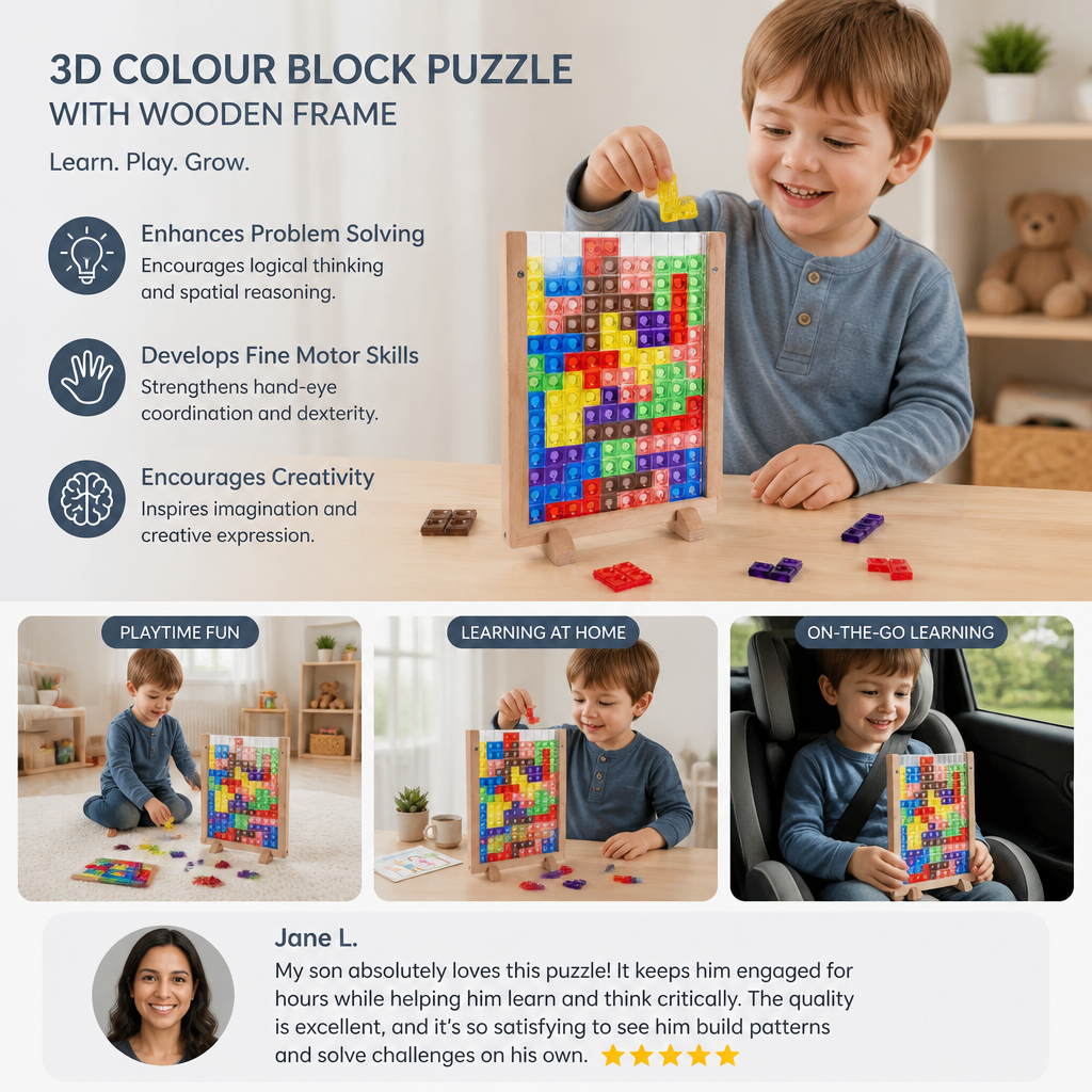 3D Colour Block Puzzle with Wooden Frame – Montessori Learning Toy