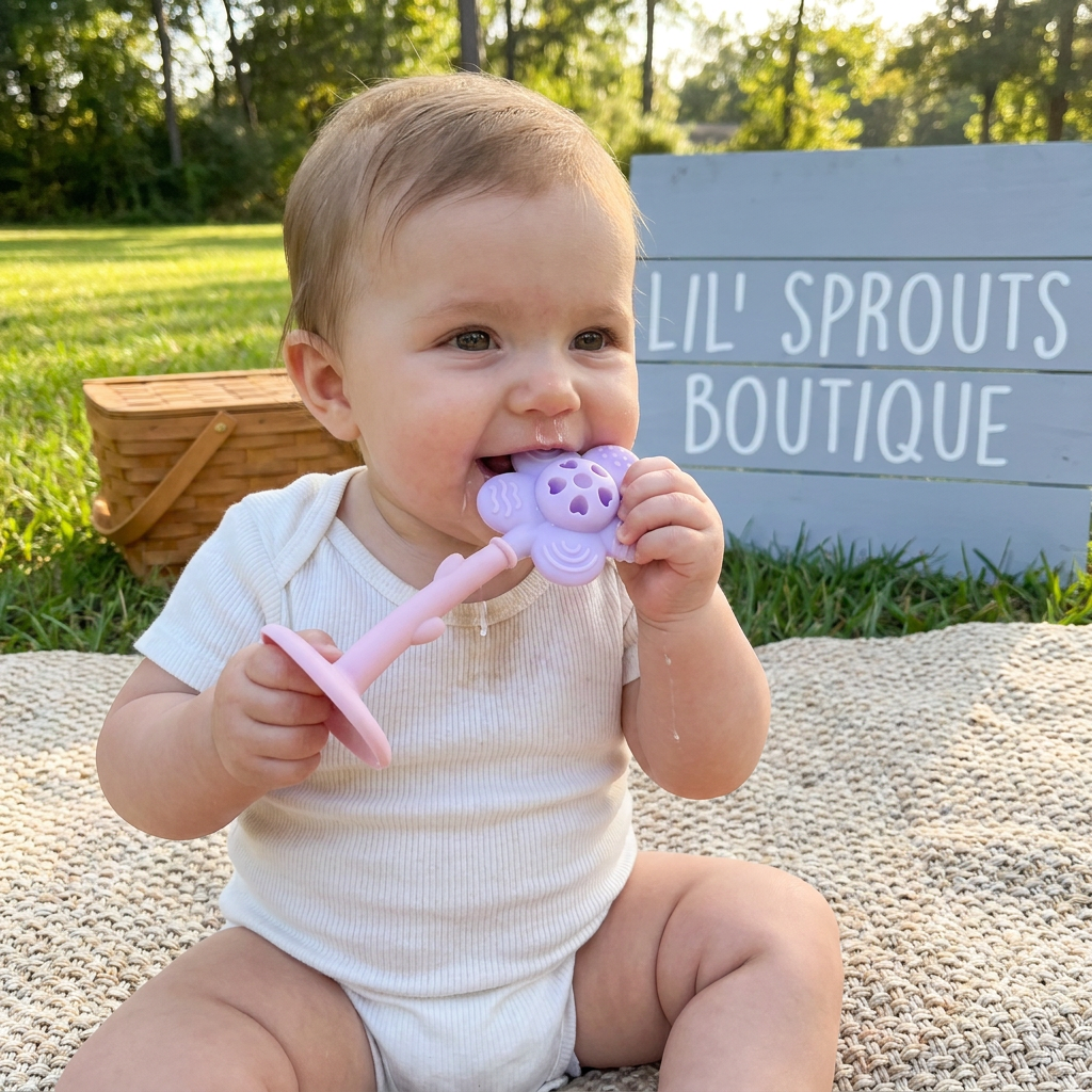 Flower Silicone Teether & Rattle – Gentle BPA-Free Teething Toy for Babies