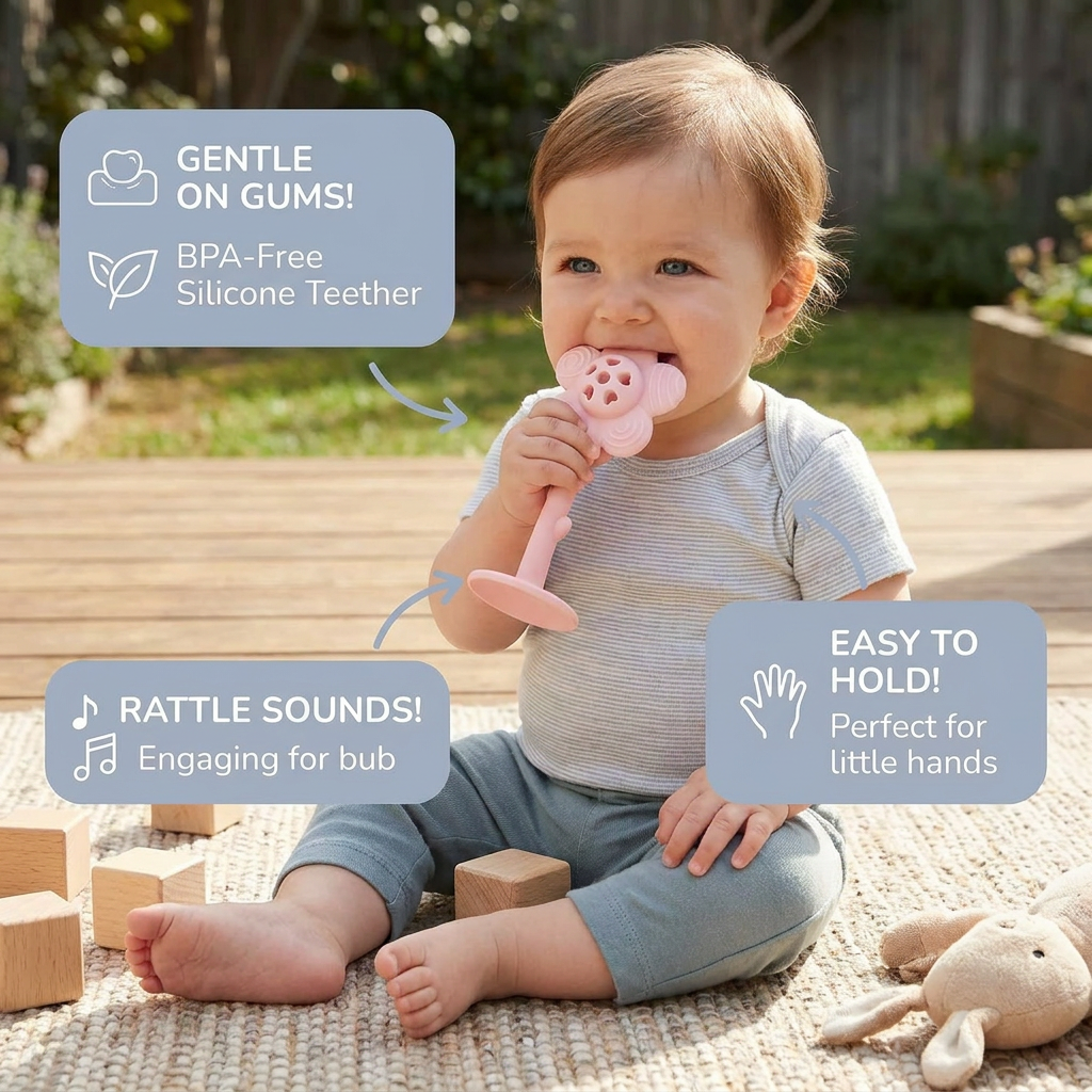 Flower Silicone Teether & Rattle – Gentle BPA-Free Teething Toy for Babies