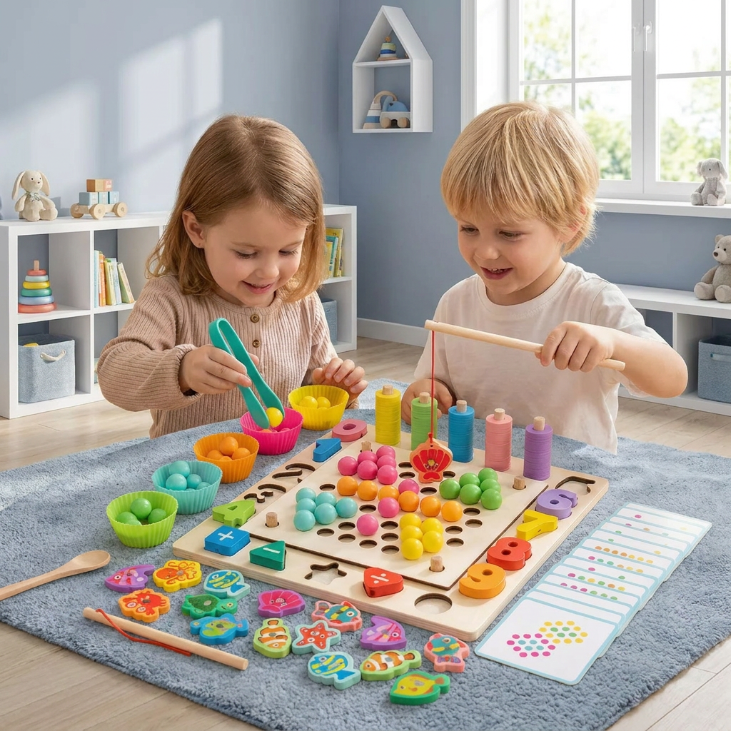 6-in-1 Montessori Wooden Fishing Game – Numbers, Colours & Fine Motor Skills Learning Toy for Kids