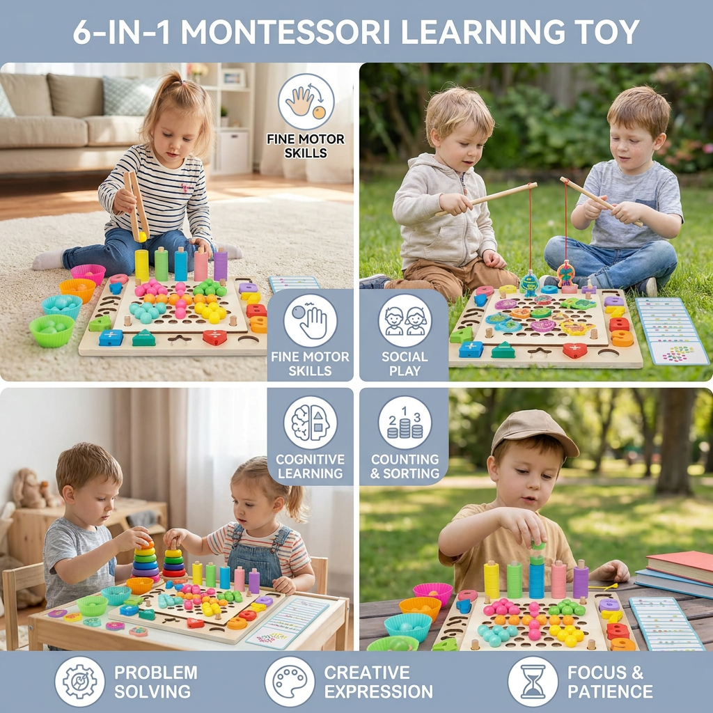 6-in-1 Montessori Wooden Fishing Game – Numbers, Colours & Fine Motor Skills Learning Toy for Kids