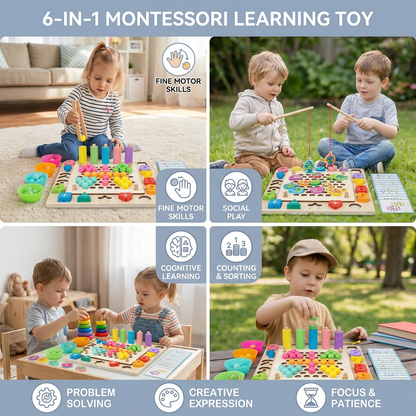 6-in-1 Montessori Wooden Fishing Game – Numbers, Colours & Fine Motor Skills Learning Toy for Kids