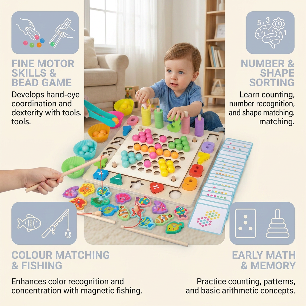 6-in-1 Montessori Wooden Fishing Game – Numbers, Colours & Fine Motor Skills Learning Toy for Kids