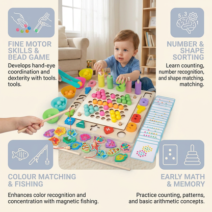 6-in-1 Montessori Wooden Fishing Game – Numbers, Colours & Fine Motor Skills Learning Toy for Kids