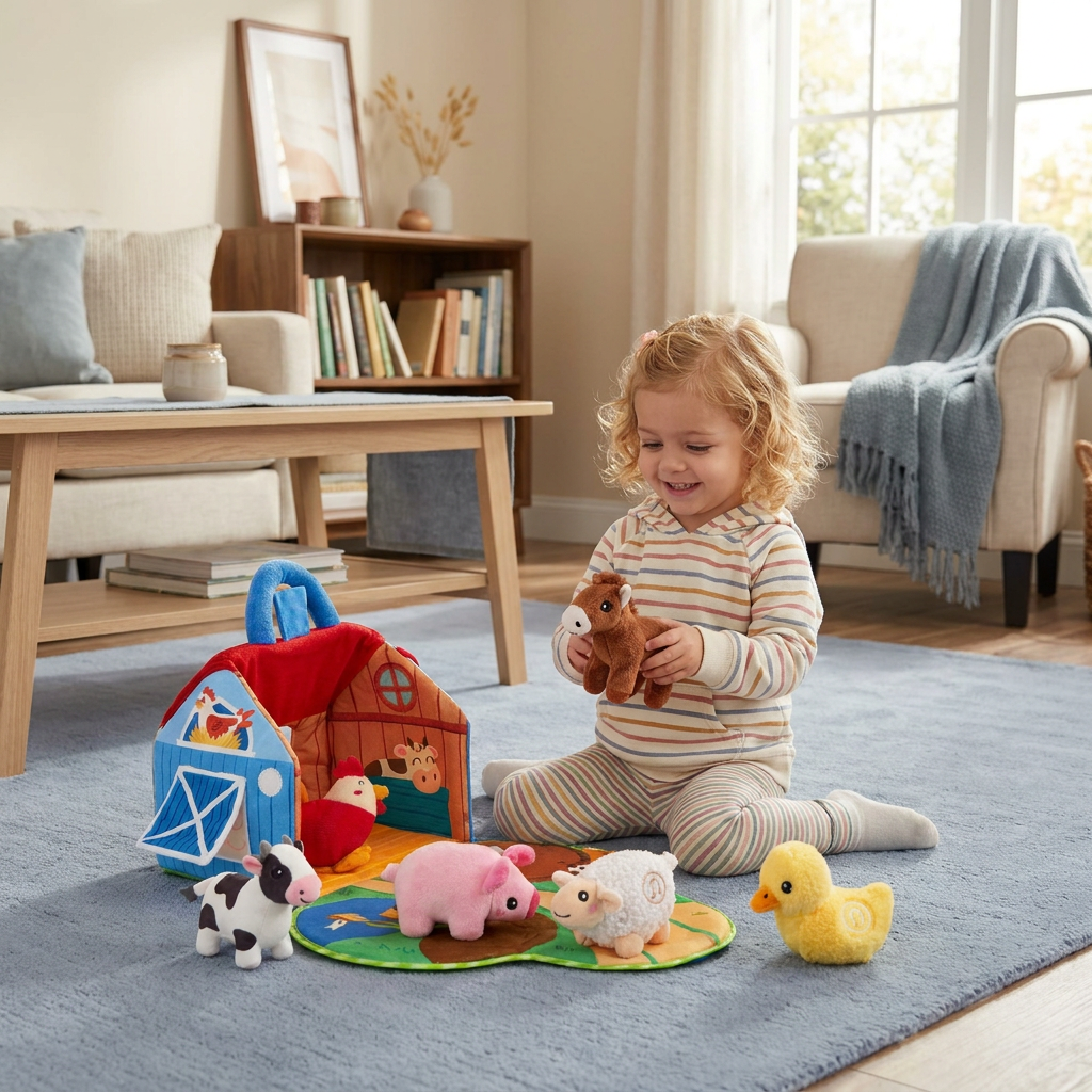 Farm Animal Plush Playset – Interactive Learning Toy with Portable Playhouse