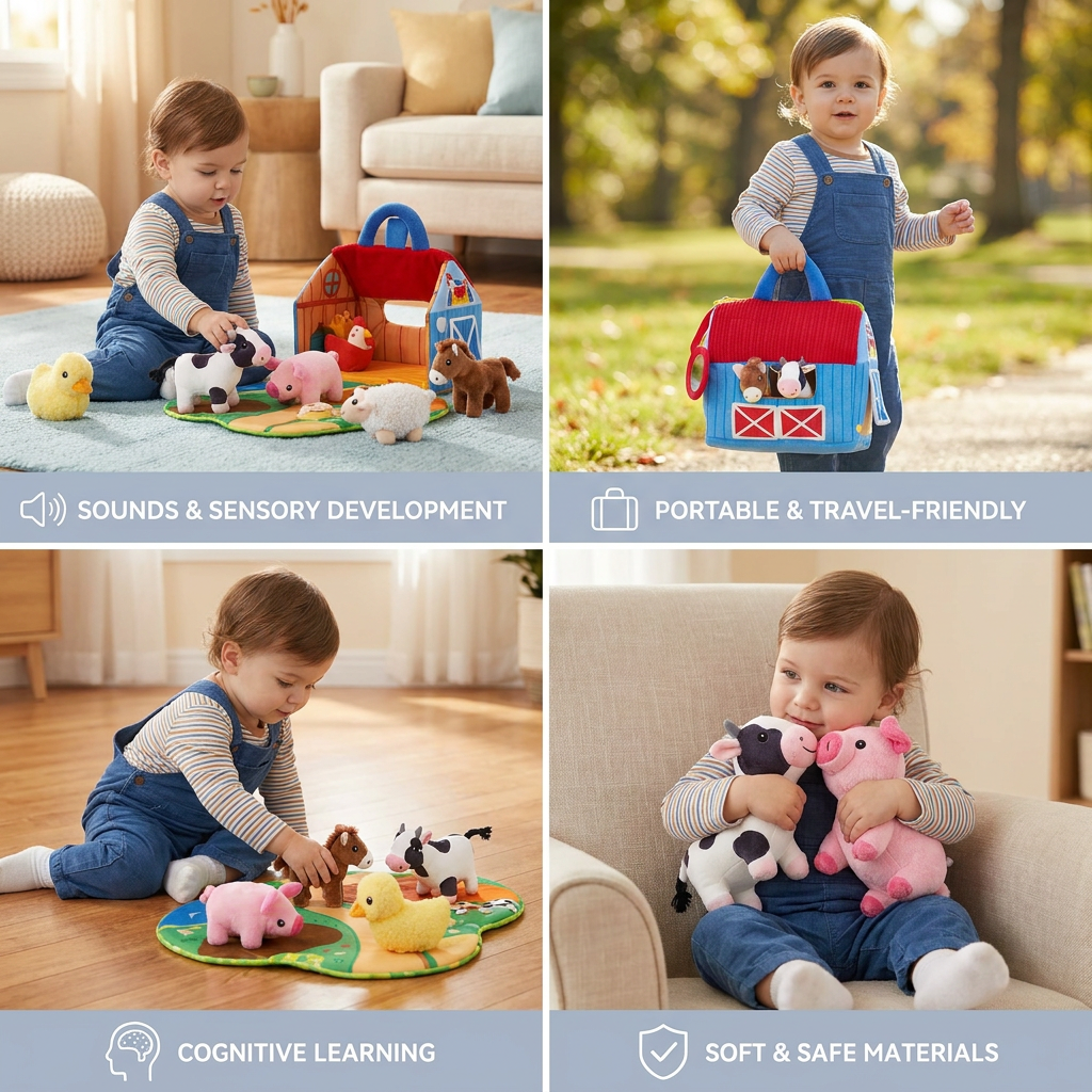 Farm Animal Plush Playset – Interactive Learning Toy with Portable Playhouse