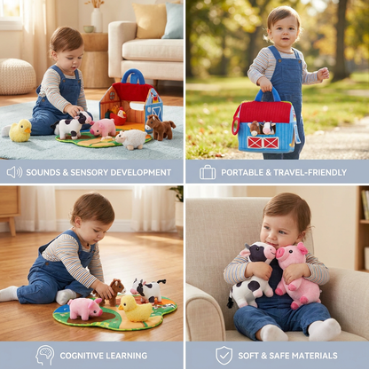 Farm Animal Plush Playset – Interactive Learning Toy with Portable Playhouse