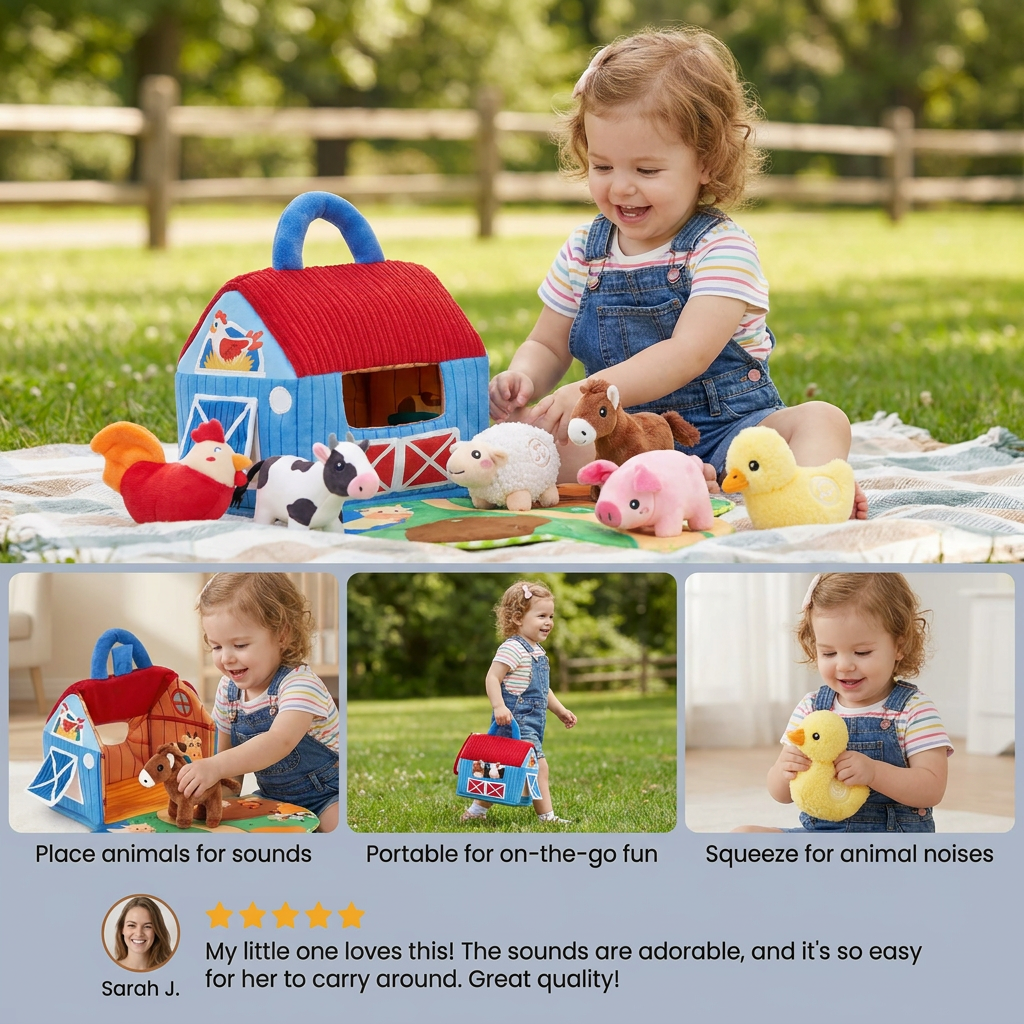 Farm Animal Plush Playset – Interactive Learning Toy with Portable Playhouse