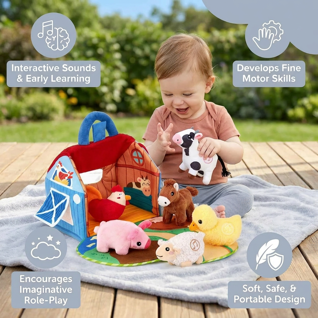 Farm Animal Plush Playset – Interactive Learning Toy with Portable Playhouse