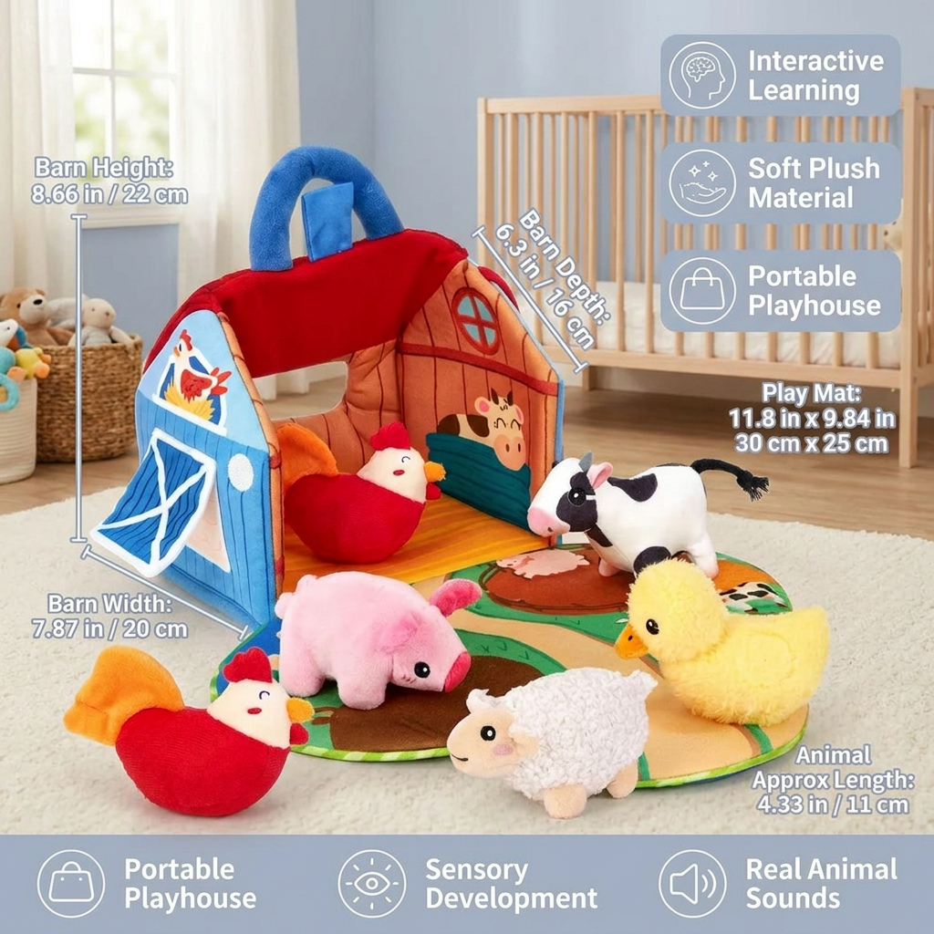 Farm Animal Plush Playset – Interactive Learning Toy with Portable Playhouse