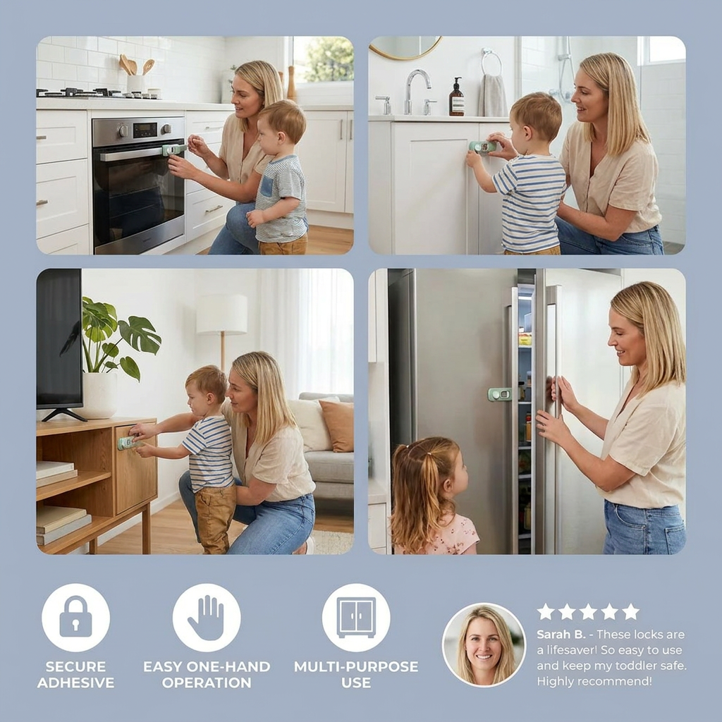 2-Pack Child Safety Locks for Cabinets, Fridge & Drawers – Multi-Purpose Safety Latches for Babies & Kids