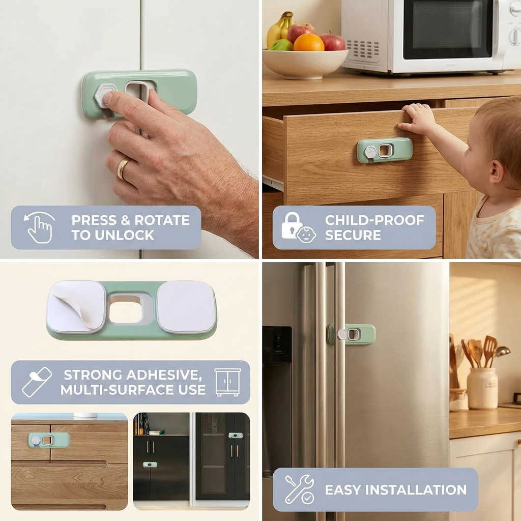 2-Pack Child Safety Locks for Cabinets, Fridge & Drawers – Multi-Purpose Safety Latches for Babies & Kids
