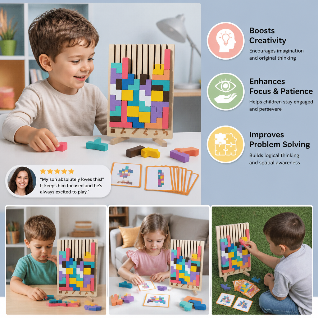 Montessori wooden blocks and shapes game