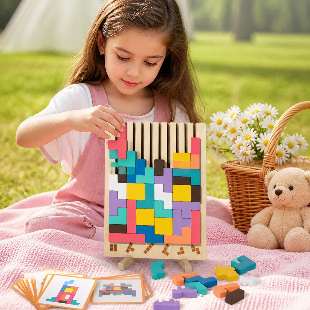 Montessori wooden blocks and shapes game
