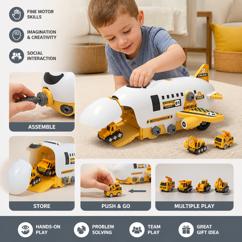 DIY Airplane Transport Truck Playset with Construction Vehicles