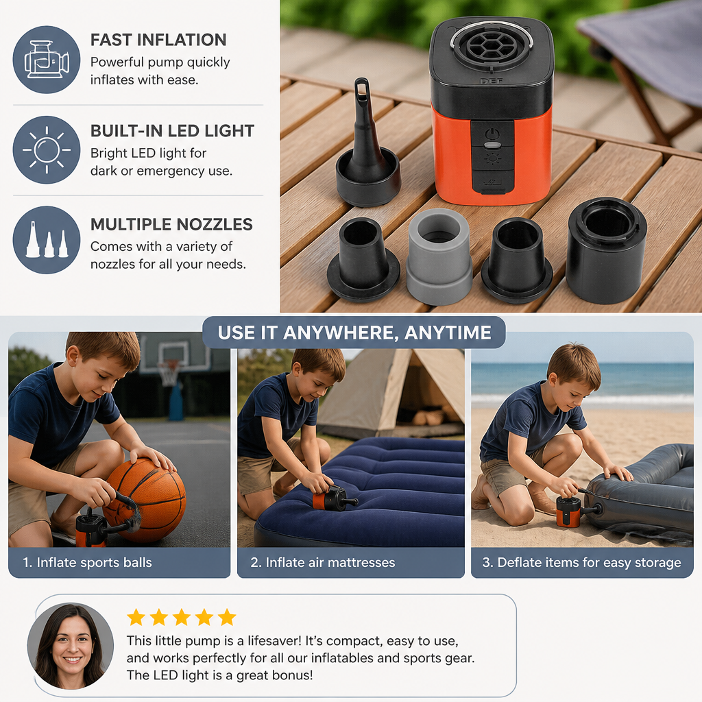 Portable Mini Air Pump with LED Light – Fast Inflate & Deflate