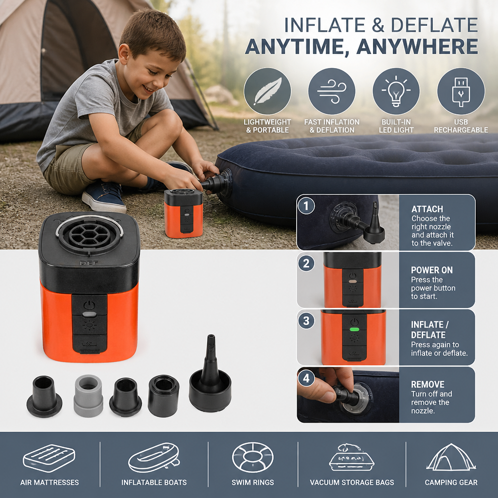 Portable Mini Air Pump with LED Light – Fast Inflate & Deflate
