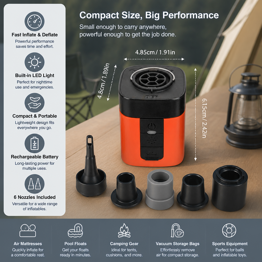 Portable Mini Air Pump with LED Light – Fast Inflate & Deflate