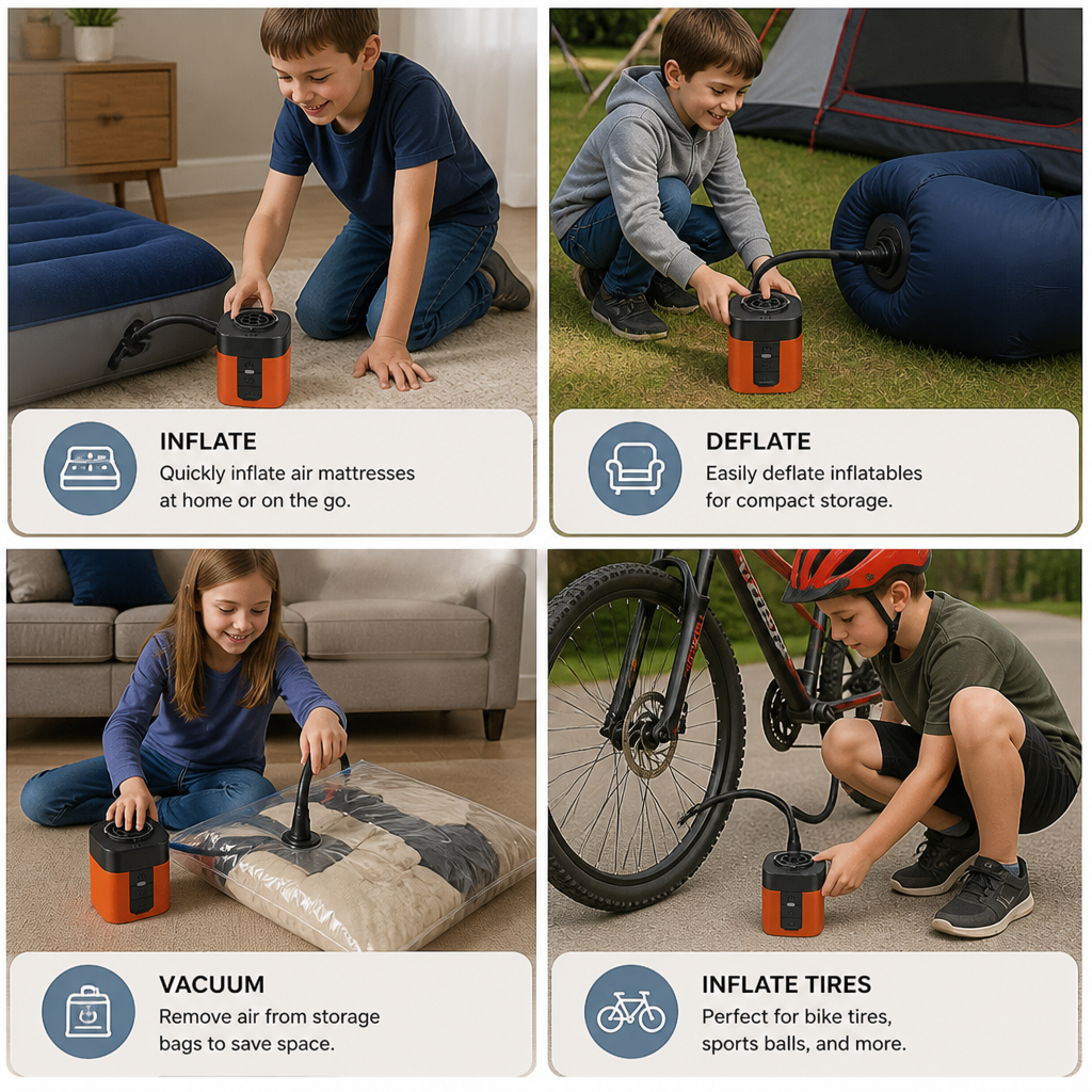 Portable Mini Air Pump with LED Light – Fast Inflate & Deflate