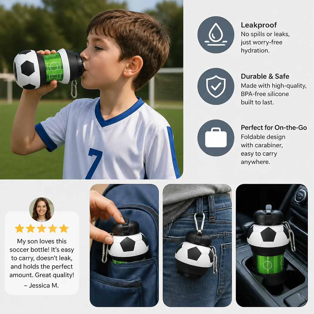 Foldable & Durable Silicone Football Water Bottle
