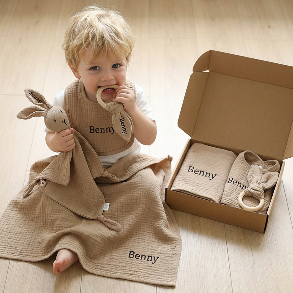 Personalized 4-Piece Newborn Gift Set – Muslin, Bunny Comforter, Teether & Bib (100% Cotton)