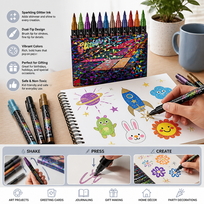Glitter Brush Marker Set – Dual-Tip Sparkling Art Markers