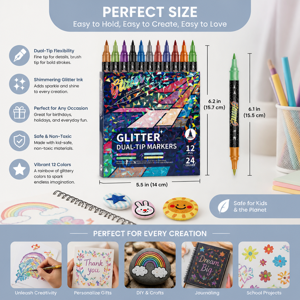 Glitter Brush Marker Set – Dual-Tip Sparkling Art Markers
