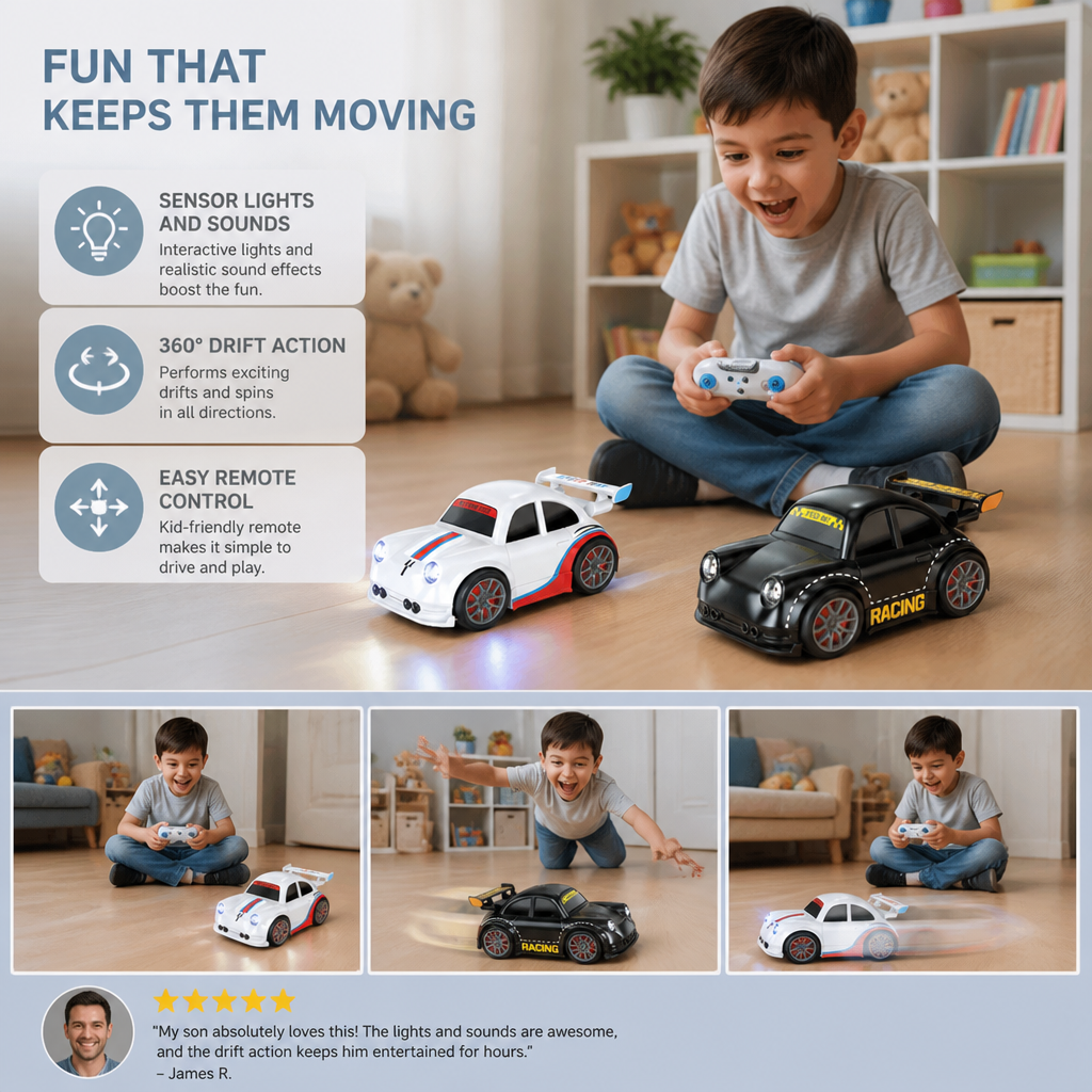RC Racing Drift Car for Kids - Remote Control with Sensor Lights & Sound