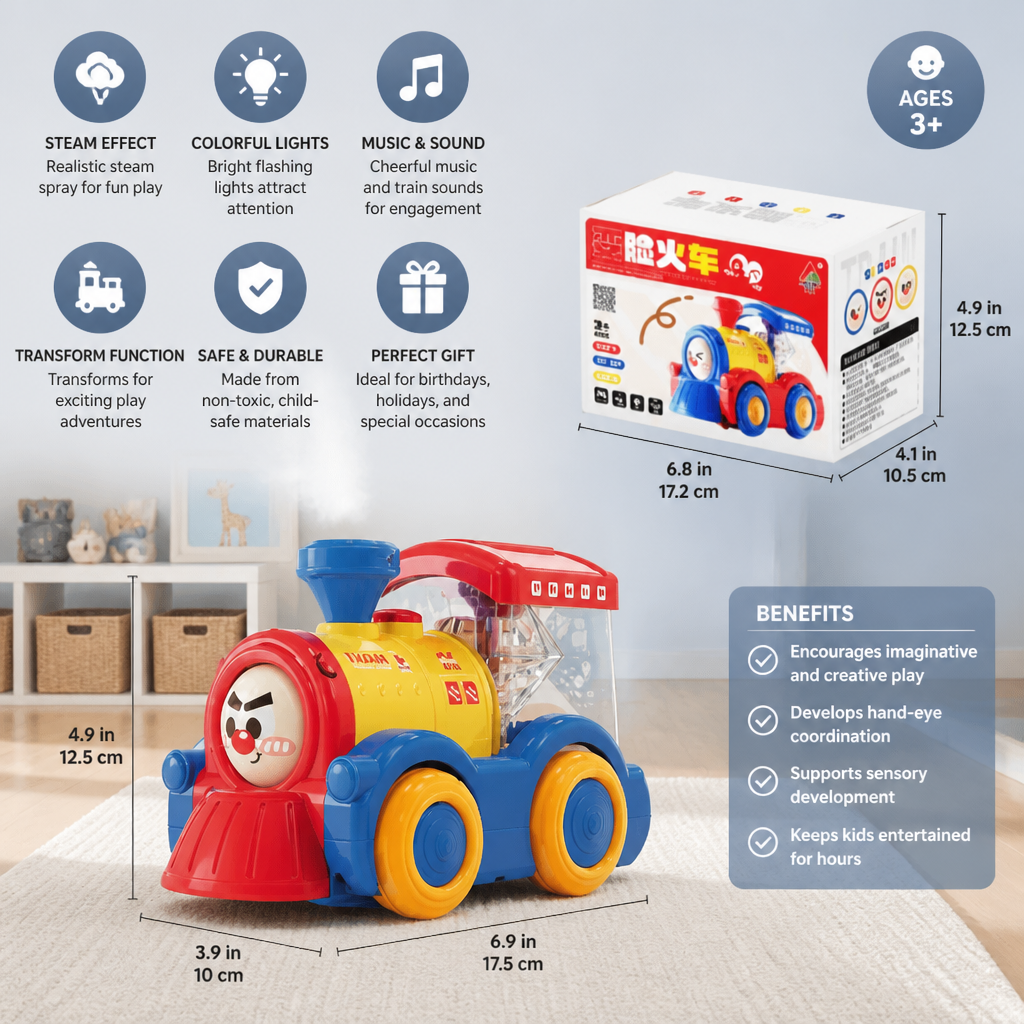 Transforming Train Toy with Steam, Lights & Music