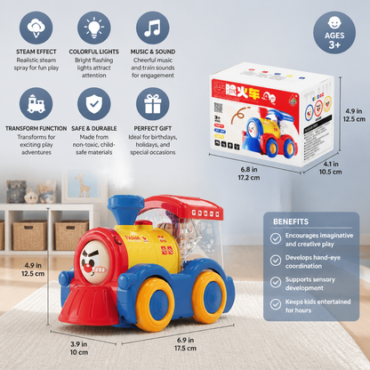Transforming Train Toy with Steam, Lights & Music