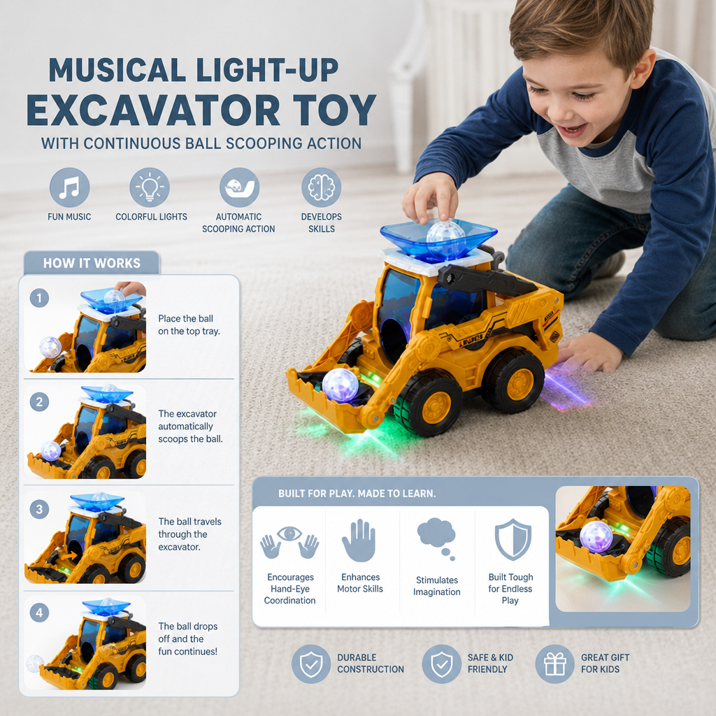 Musical Light-Up Excavator Toy with Continuous Ball Scooping Action