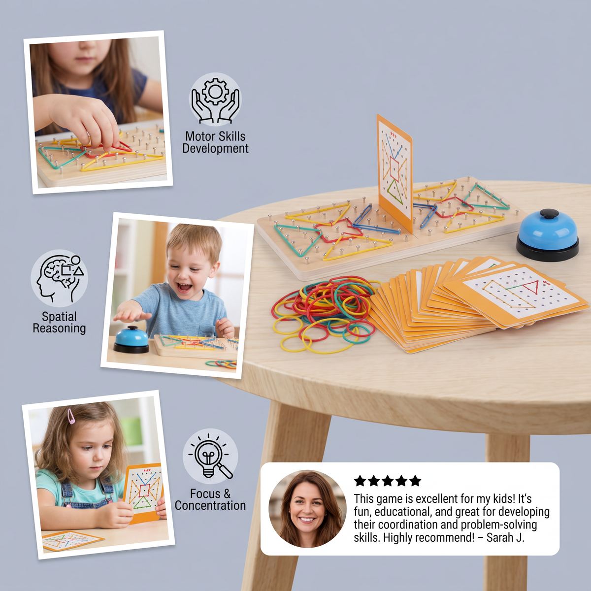 Montessori Wooden Geometry Battle Game with Colorful Rubber Bands