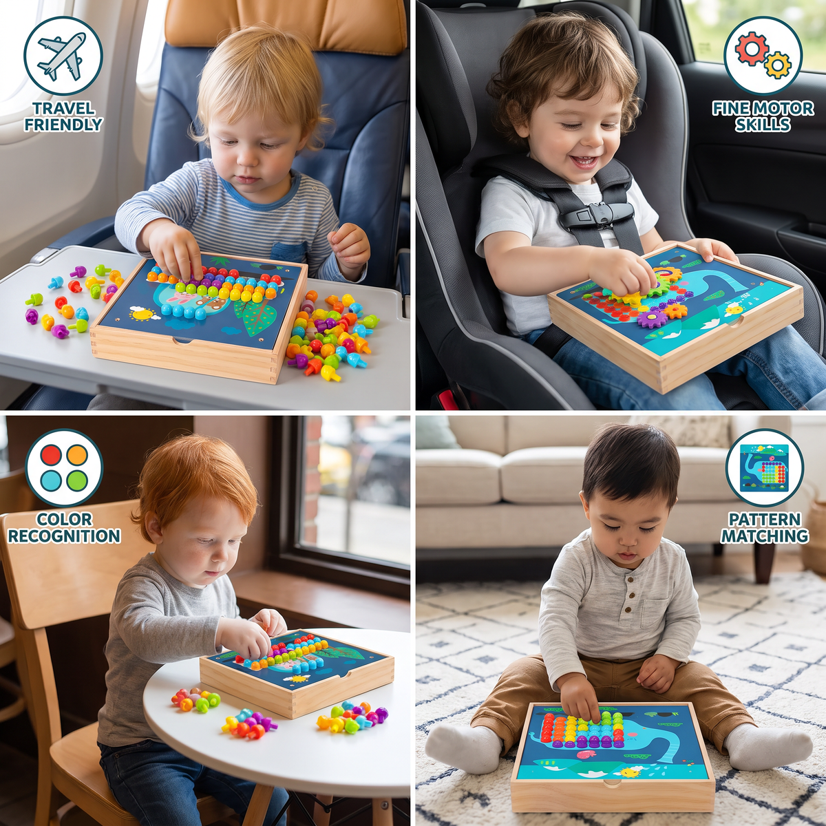4-in-1 Montessori Wooden Sensory Travel Board with Gears & Colorful Pegs