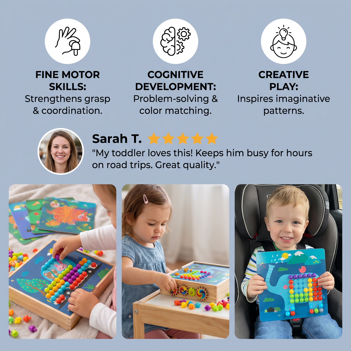 4-in-1 Montessori Wooden Sensory Travel Board with Gears & Colorful Pegs