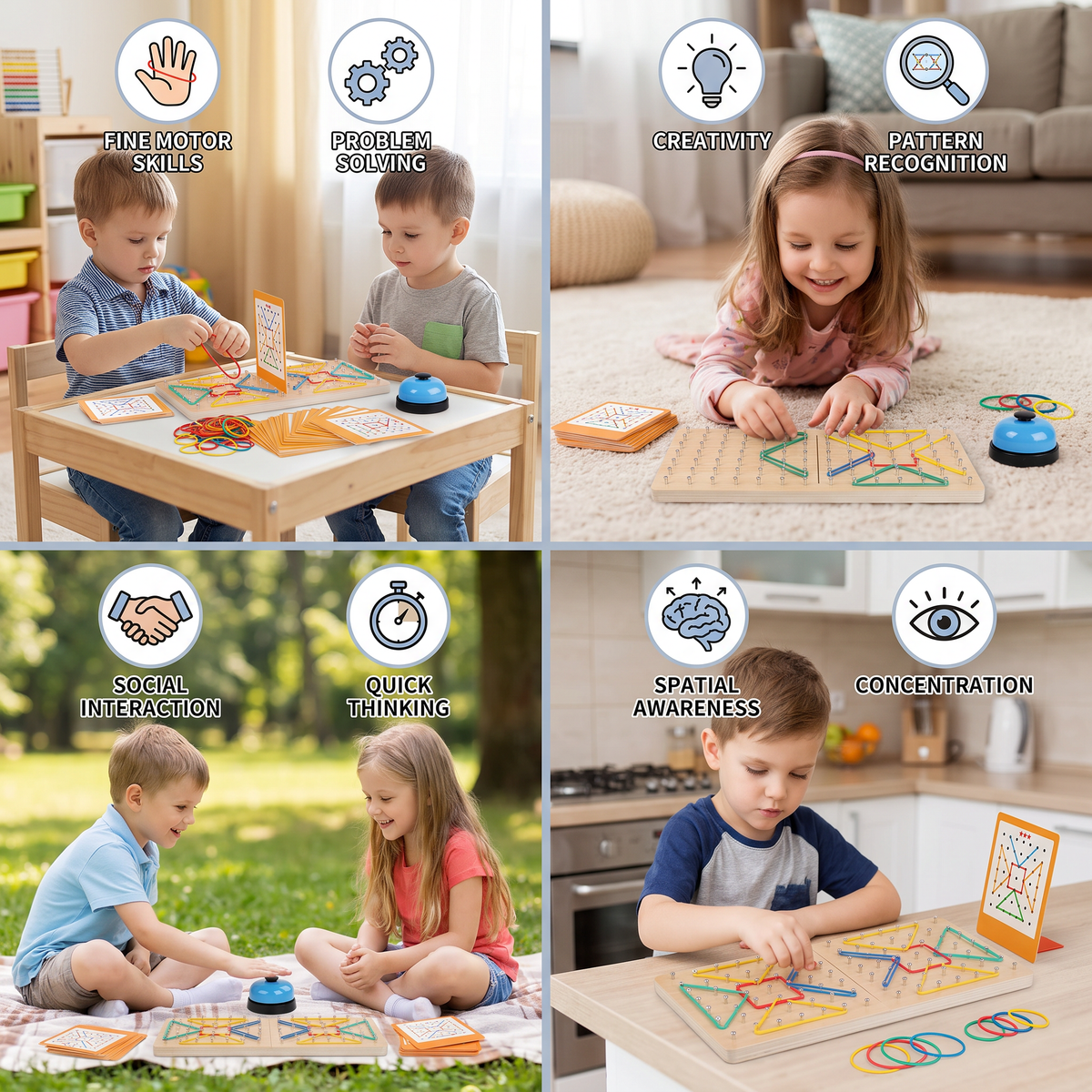 Montessori Wooden Geometry Battle Game with Colorful Rubber Bands