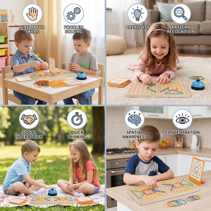 Montessori Wooden Geometry Battle Game with Colorful Rubber Bands