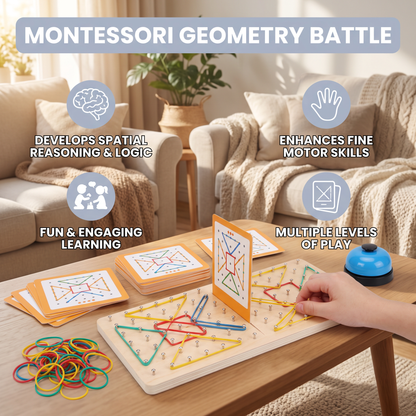 Montessori Wooden Geometry Battle Game with Colorful Rubber Bands