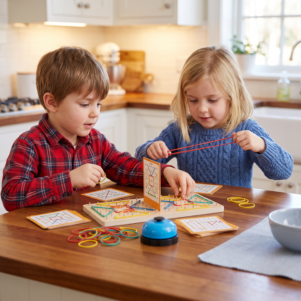 Montessori Wooden Geometry Battle Game with Colorful Rubber Bands