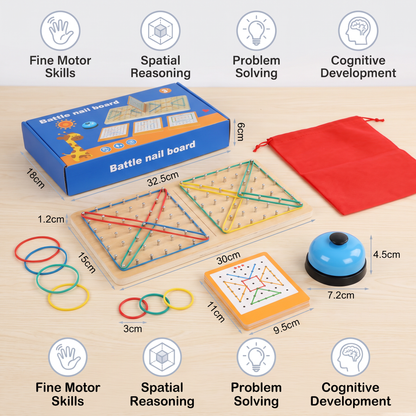 Montessori Wooden Geometry Battle Game with Colorful Rubber Bands
