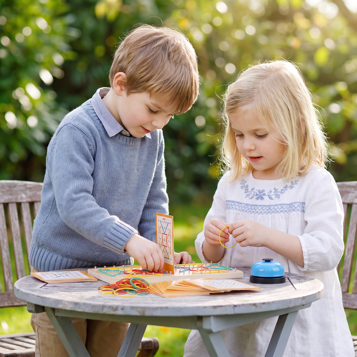 Montessori Wooden Geometry Battle Game with Colorful Rubber Bands