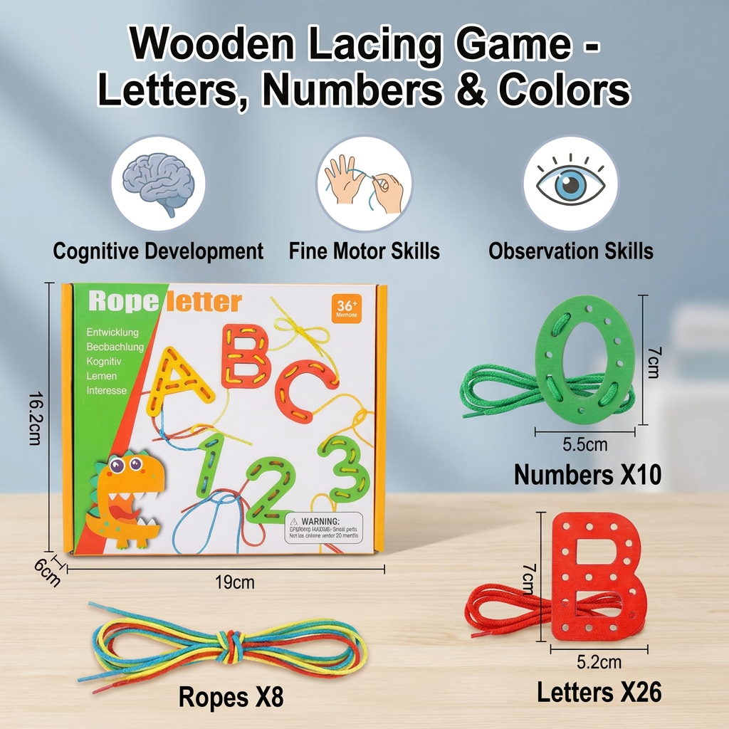 Letters and Numbers Wooden Threading Educational Toy