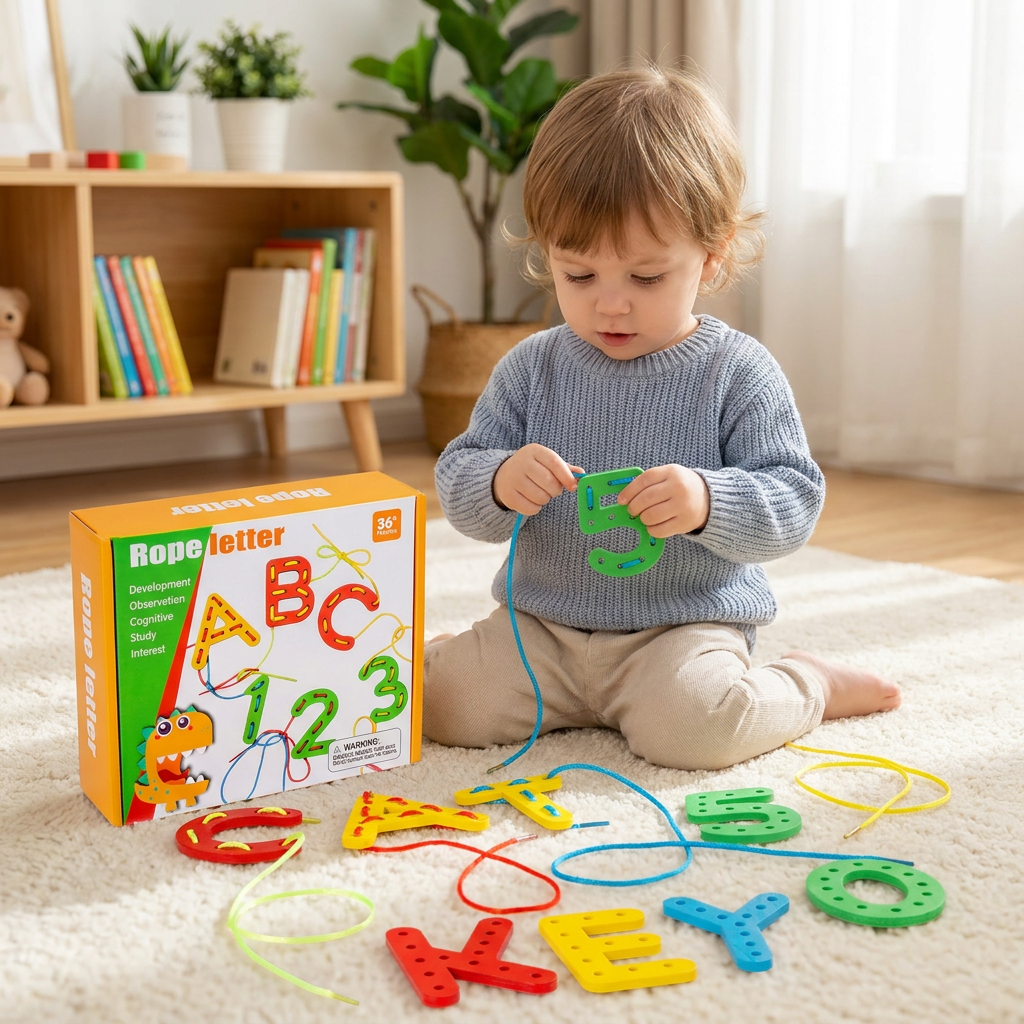 Letters and Numbers Wooden Threading Educational Toy