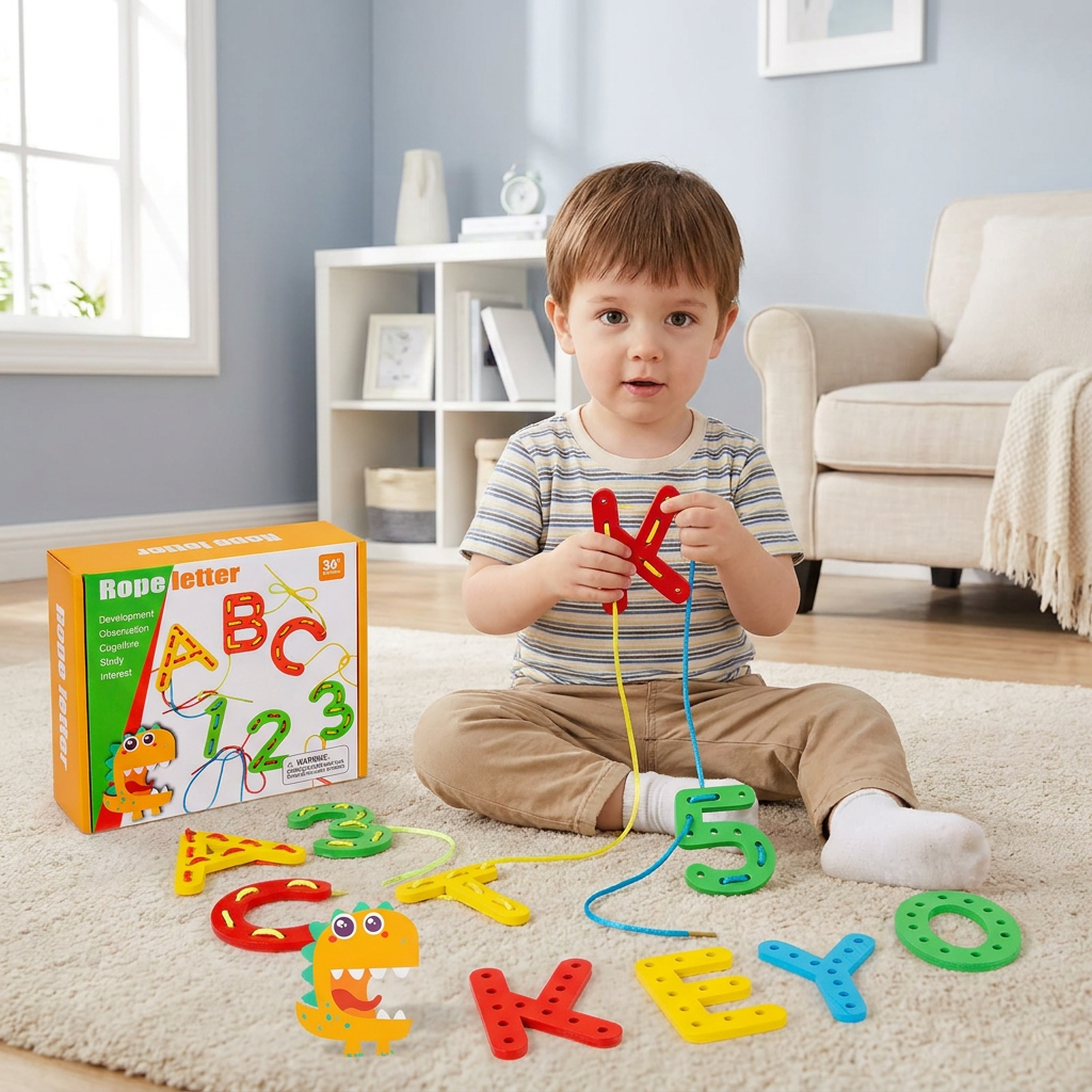 Letters and Numbers Wooden Threading Educational Toy