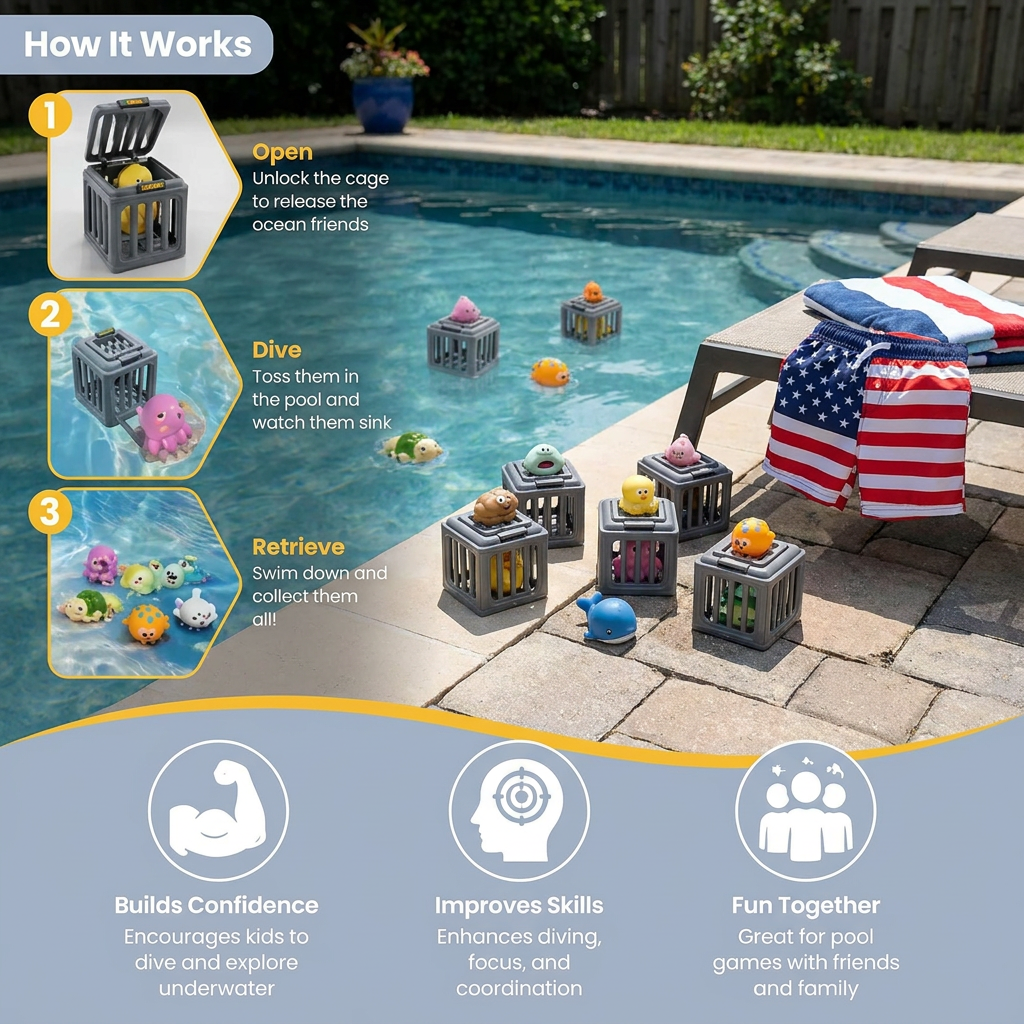 Ocean Dive Toy Set for Kids – Underwater Pool Toys with Storage Cage