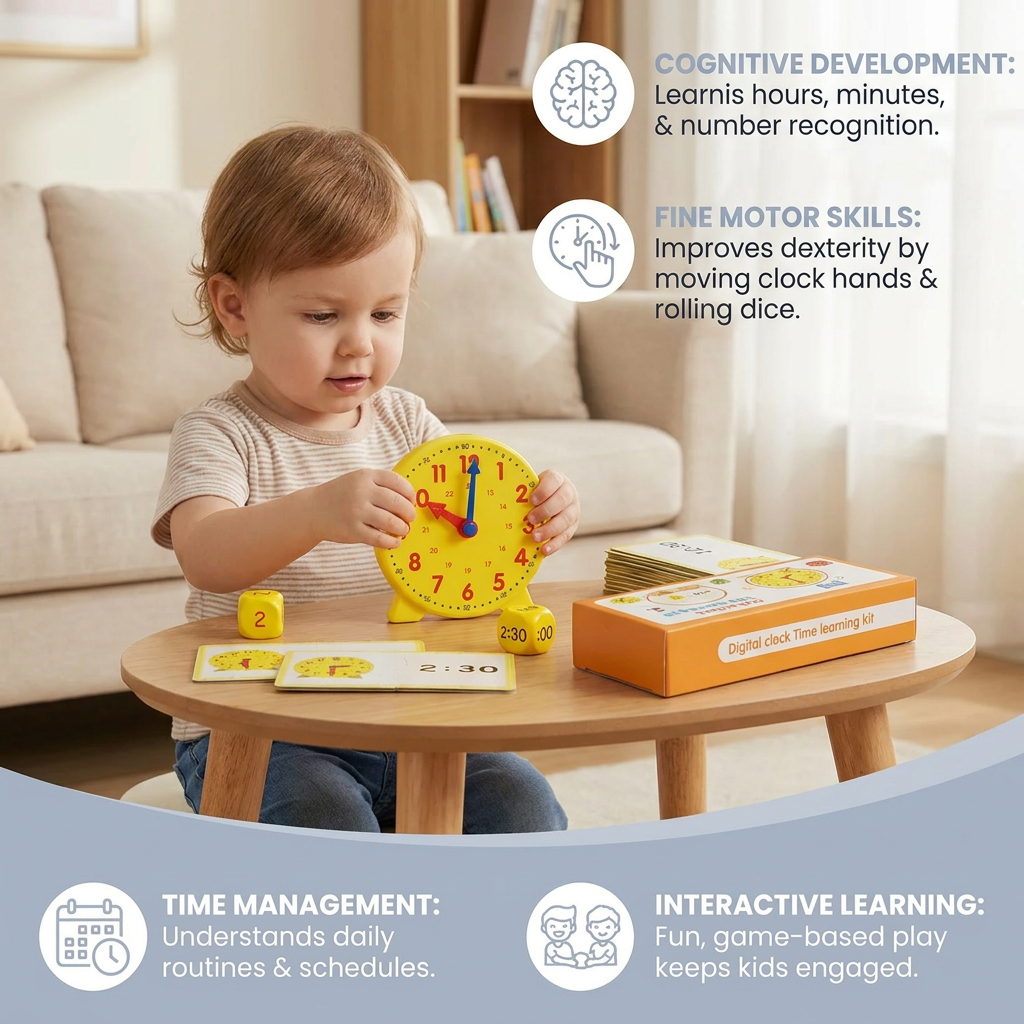 Learning Clock for Kids – Interactive Time Teaching Game with Cards & Dice